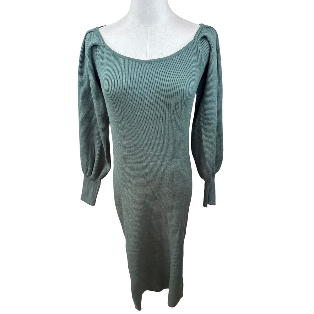 Tahari NWT Ribbed Knit Midi Dress Puff Sleeve Square Neck Olive Green Size Med